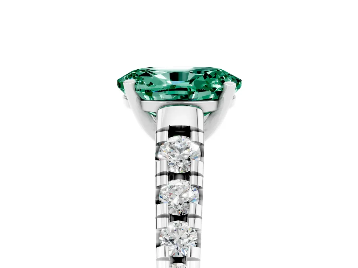 Oval Cut Green Sapphire Cathedral Solitaire Ring with Round Pavé Band Silver