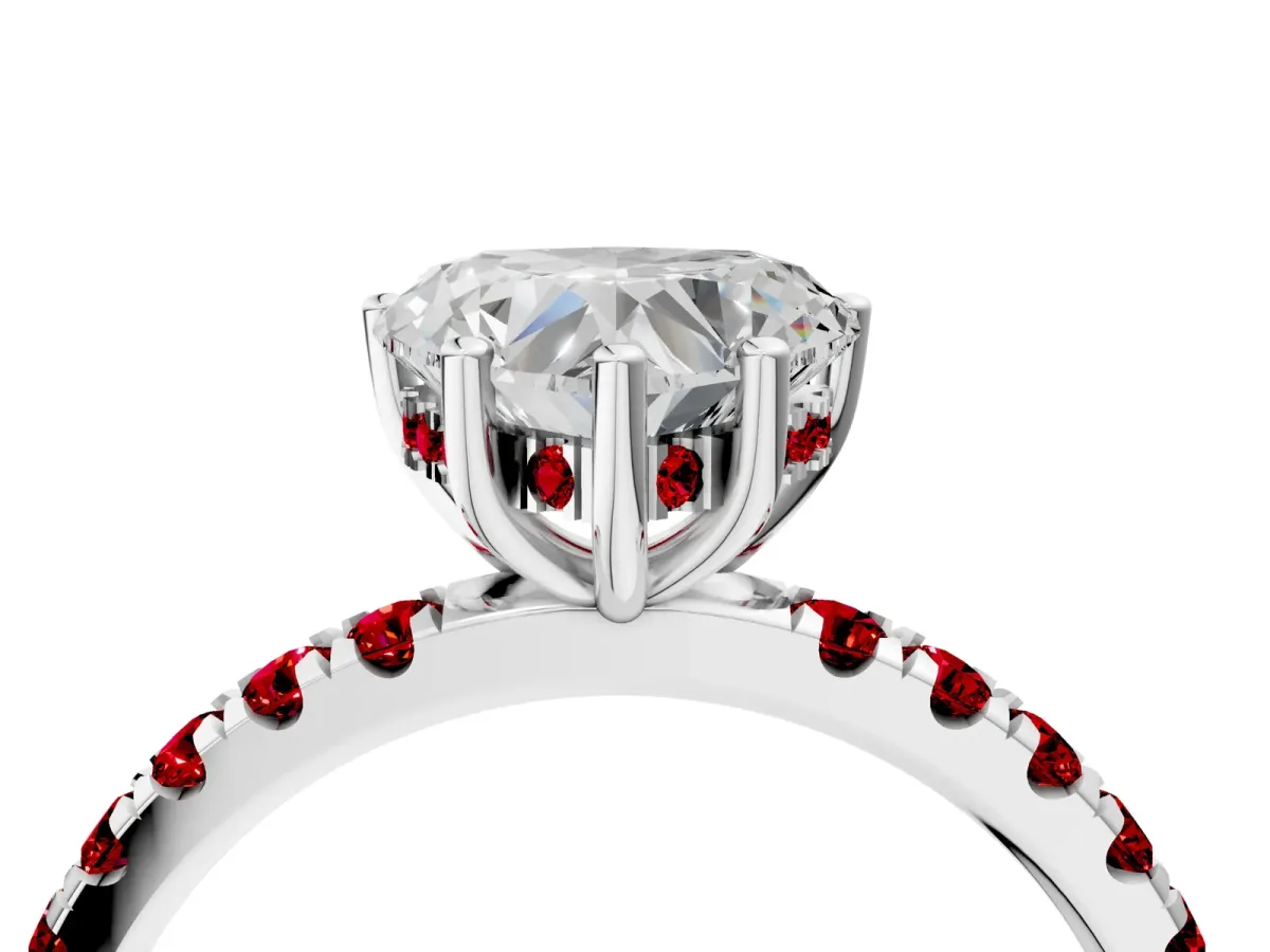 Heart Cut Diamond Pave Band Solitaire Ring with Round Ruby and Prong Setting Silver
