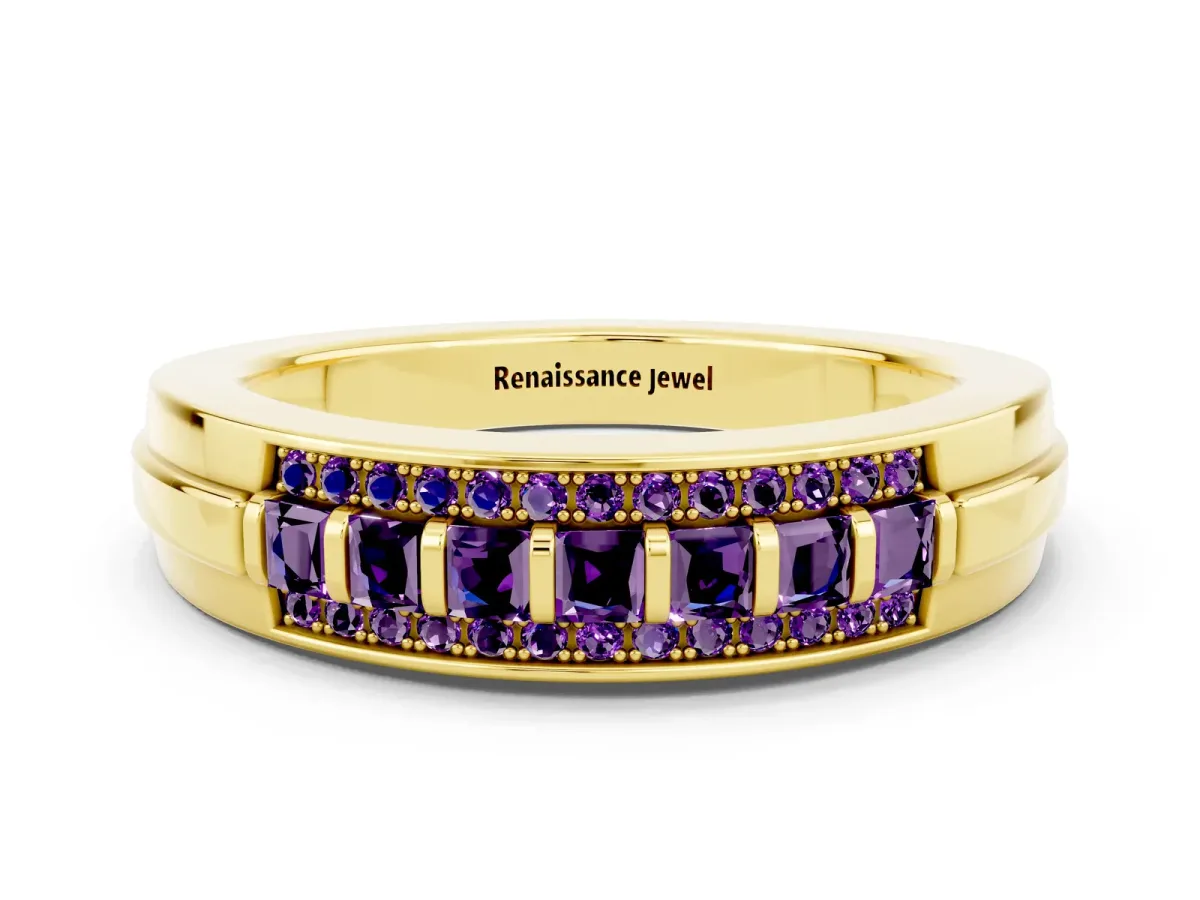 Bar-Set Princess Cut Amethyst Pavé Band Yellow gold