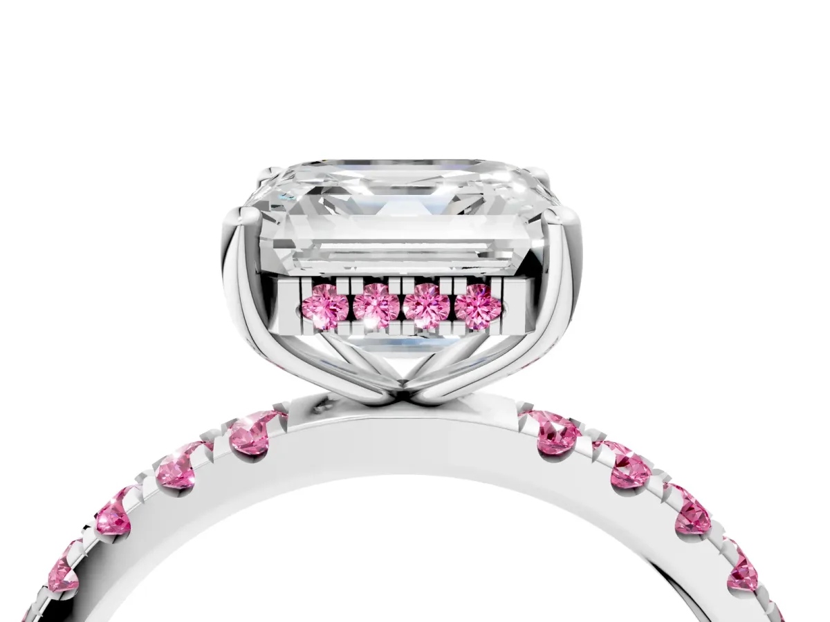Asscher Cut Diamond Pave Band Solitaire Ring with Round Pink Sapphire and Prong Setting Platinum