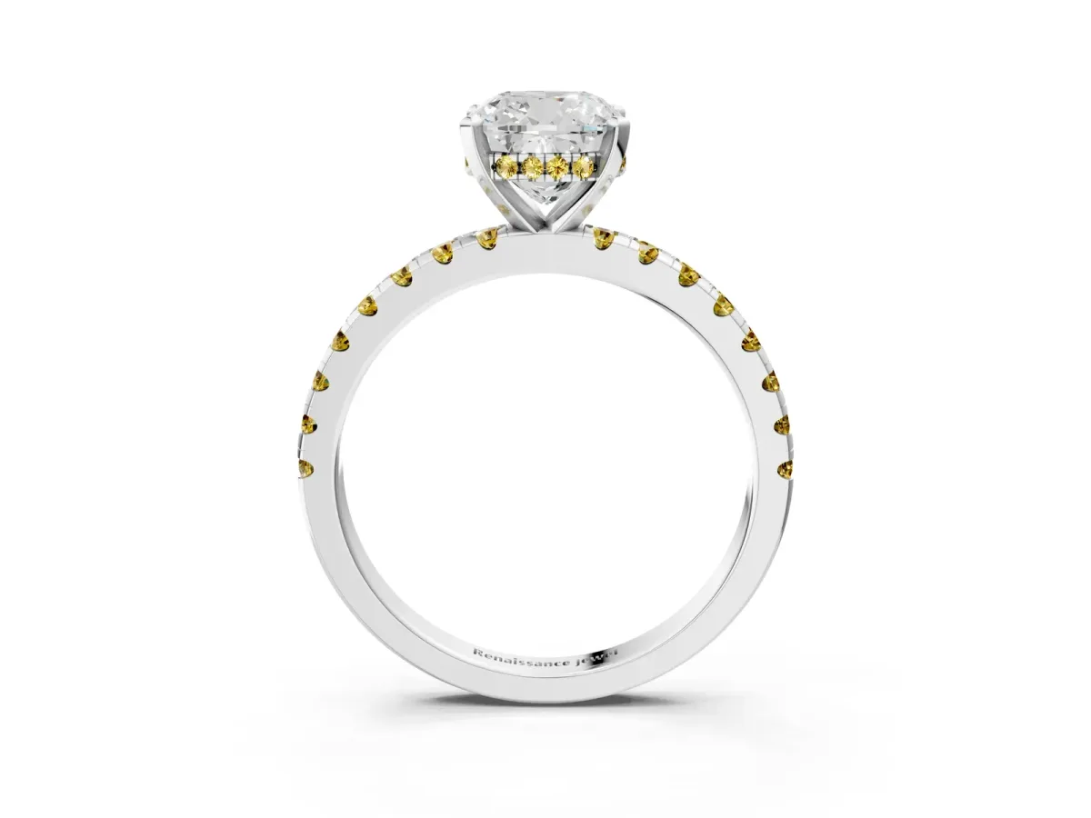 Cushion Cut Diamond Solitaire Ring with Round Yellow Sapphire Pavé Band and Four-Prong Setting Silver