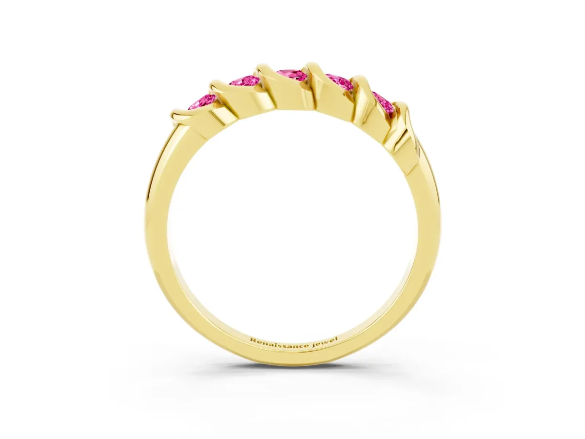 Round Pink Sapphire Eternity Band with Twist Prong Setting Yellow gold