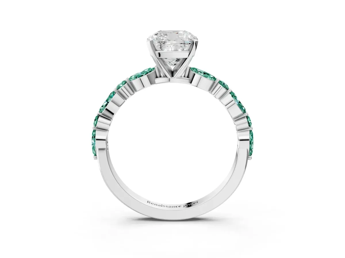 Cushion Cut Diamond Ring with Marquise and Round Green Sapphire Side Stones and Four-Prong Setting Silver