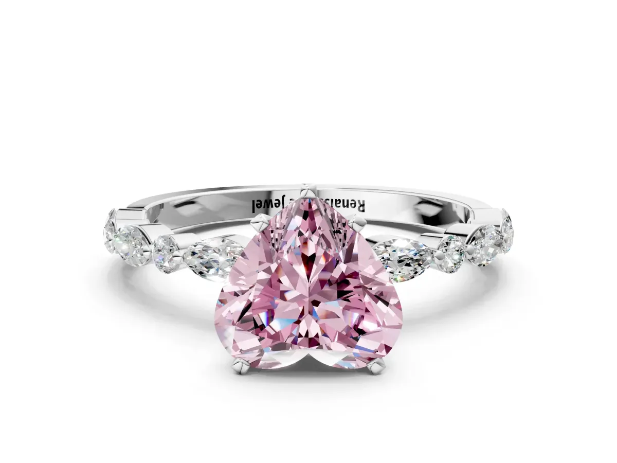 Fancy Pink Heart Cut Diamond Ring with Marquise and Round Side Stones and Four-Prong Setting Silver