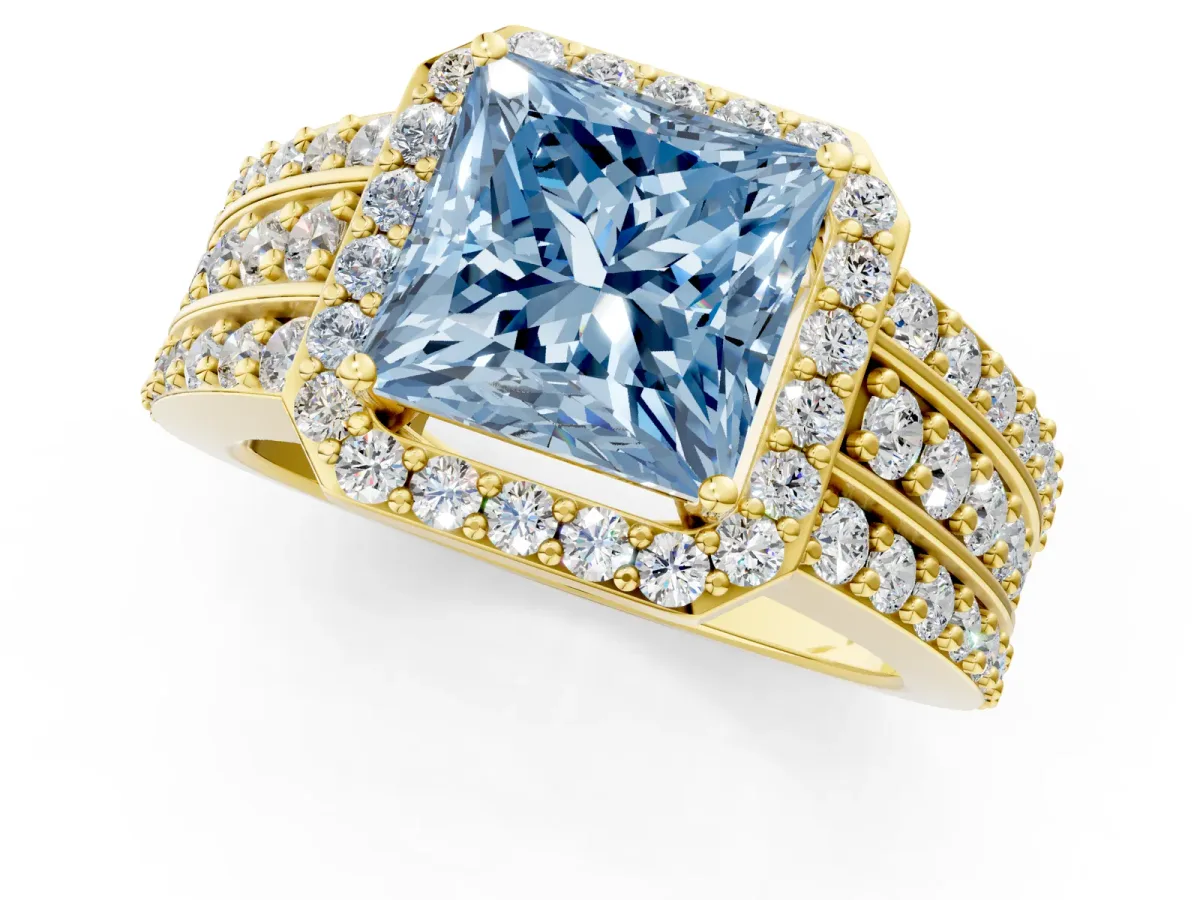 Fancy Blue Princess Cut Halo Diamond Ring with Round Split Shank and Prong Setting Yellow gold