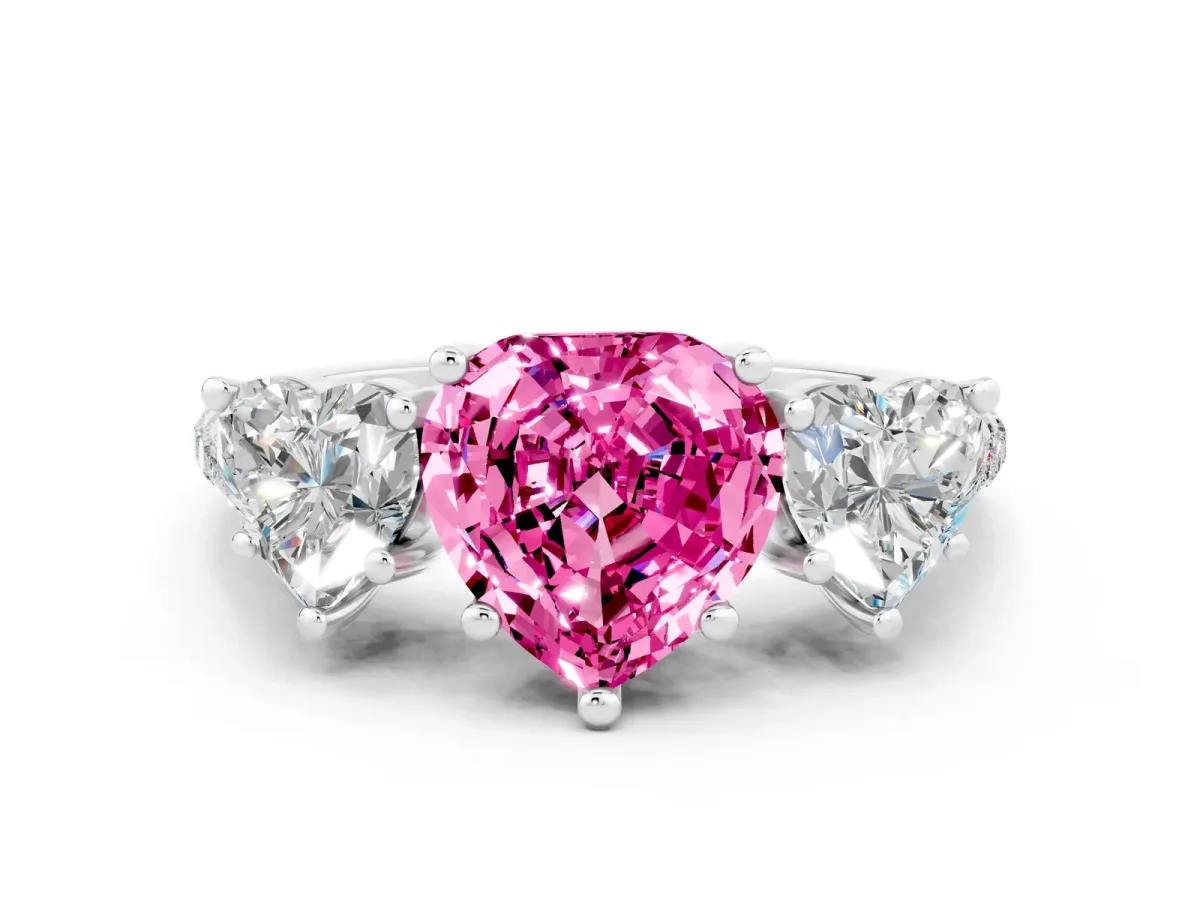 Three-Stone Heart Cut Pink Sapphire Ring with Round Pavé Band and Prong Setting Silver