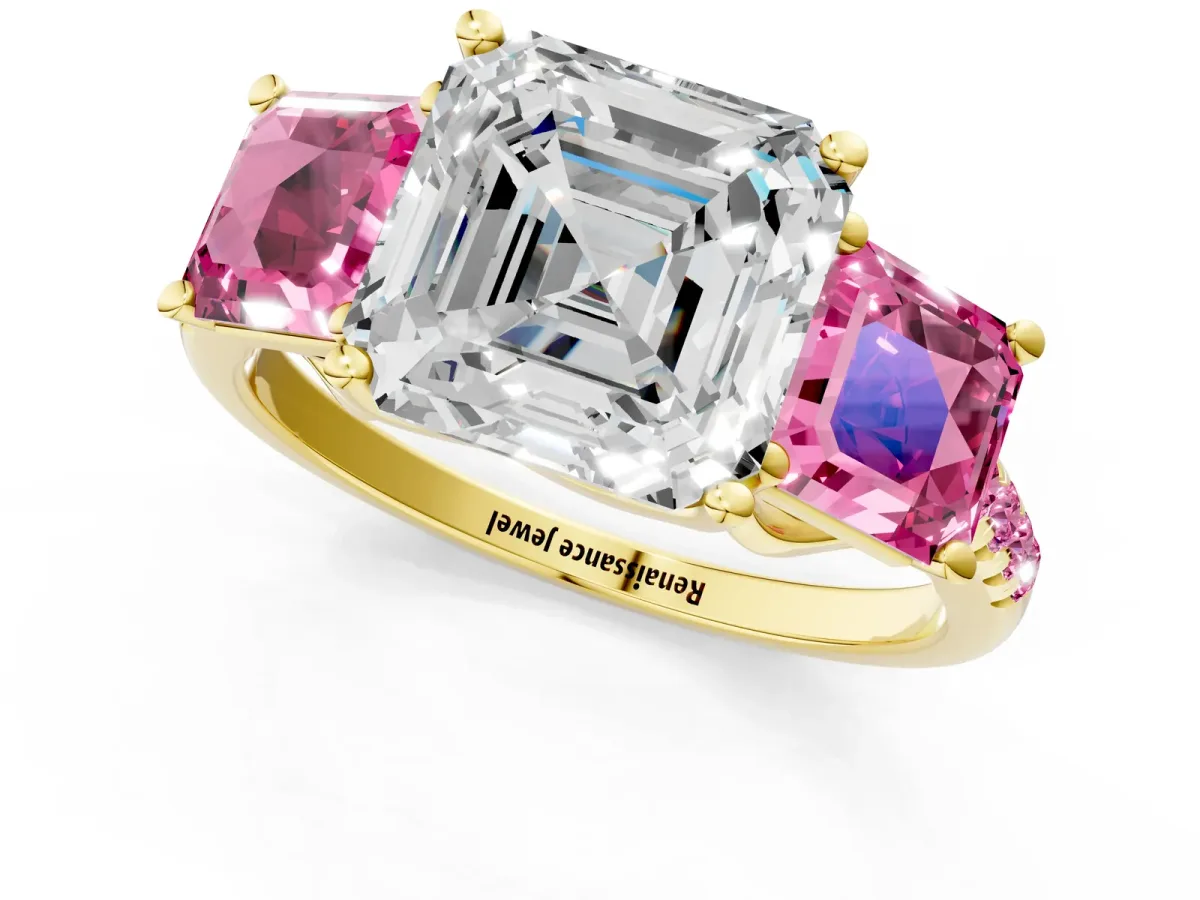 Three-Stone Asscher Cut Diamond Ring with Round Pink Sapphire Pavé Band and Prong Setting Yellow gold