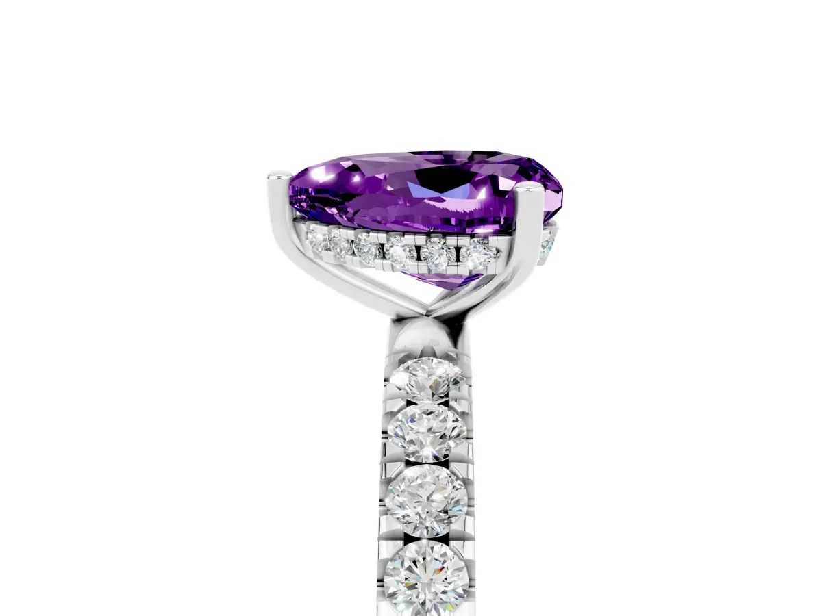 Heart Cut Amethyst Pave Band Solitaire Ring with Round and Prong Setting Platinum
