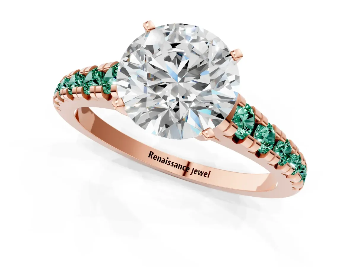 Round Cut Diamond Cathedral Solitaire Ring with Round Green Sapphire Pavé Band Rose gold