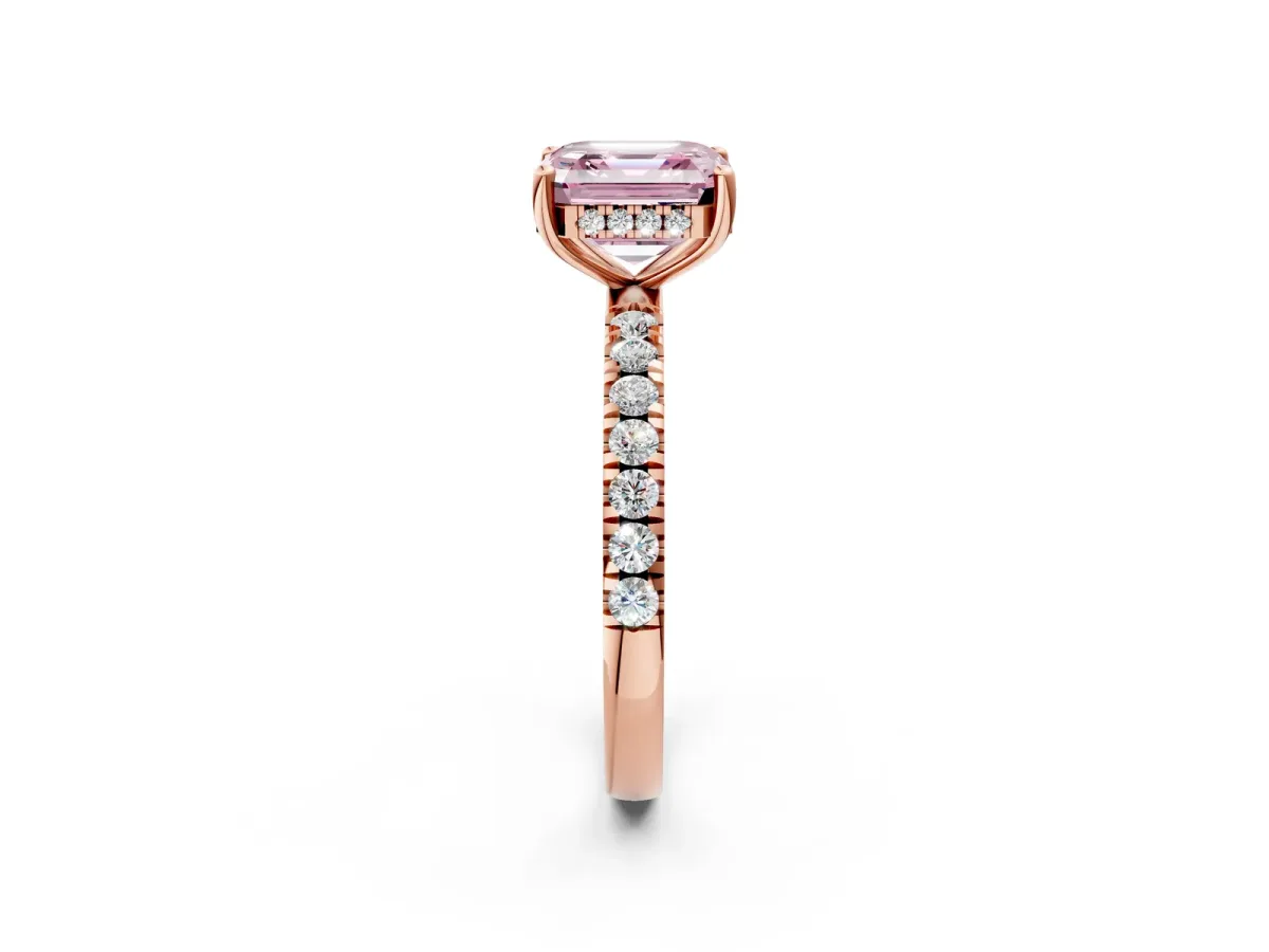 Fancy Pink Asscher Cut Diamond Pave Band Solitaire Ring with Round and Prong Setting Rose gold