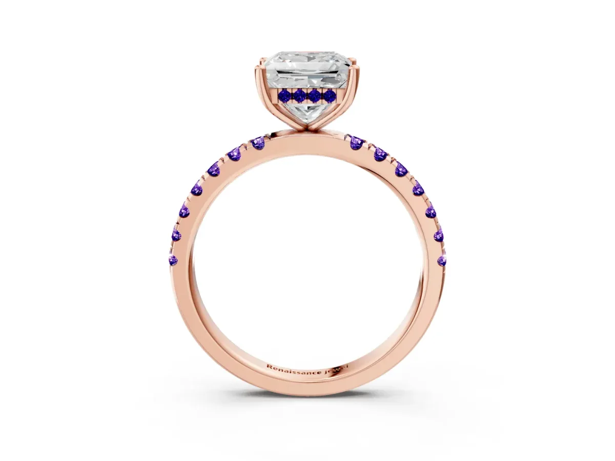 Princess Cut Diamond Pave Band Solitaire Ring with Round Tanzanite and Prong Setting Rose gold