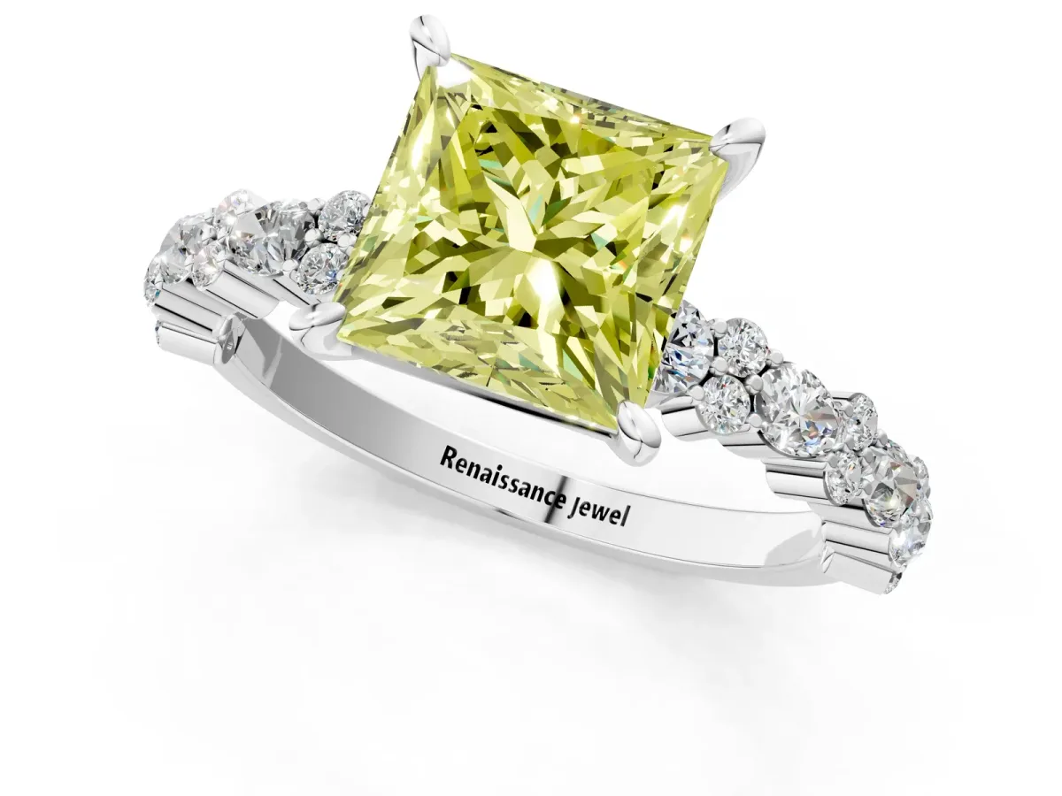 Fancy Yellow Princess Cut Diamond Side Stone Solitaire Ring with Round and Four-Prong Setting Platinum