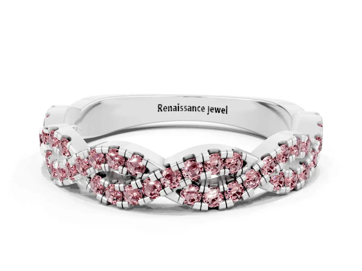 Round Morganite Twisted Eternity Band with Pavé and Shared Prong Setting Silver