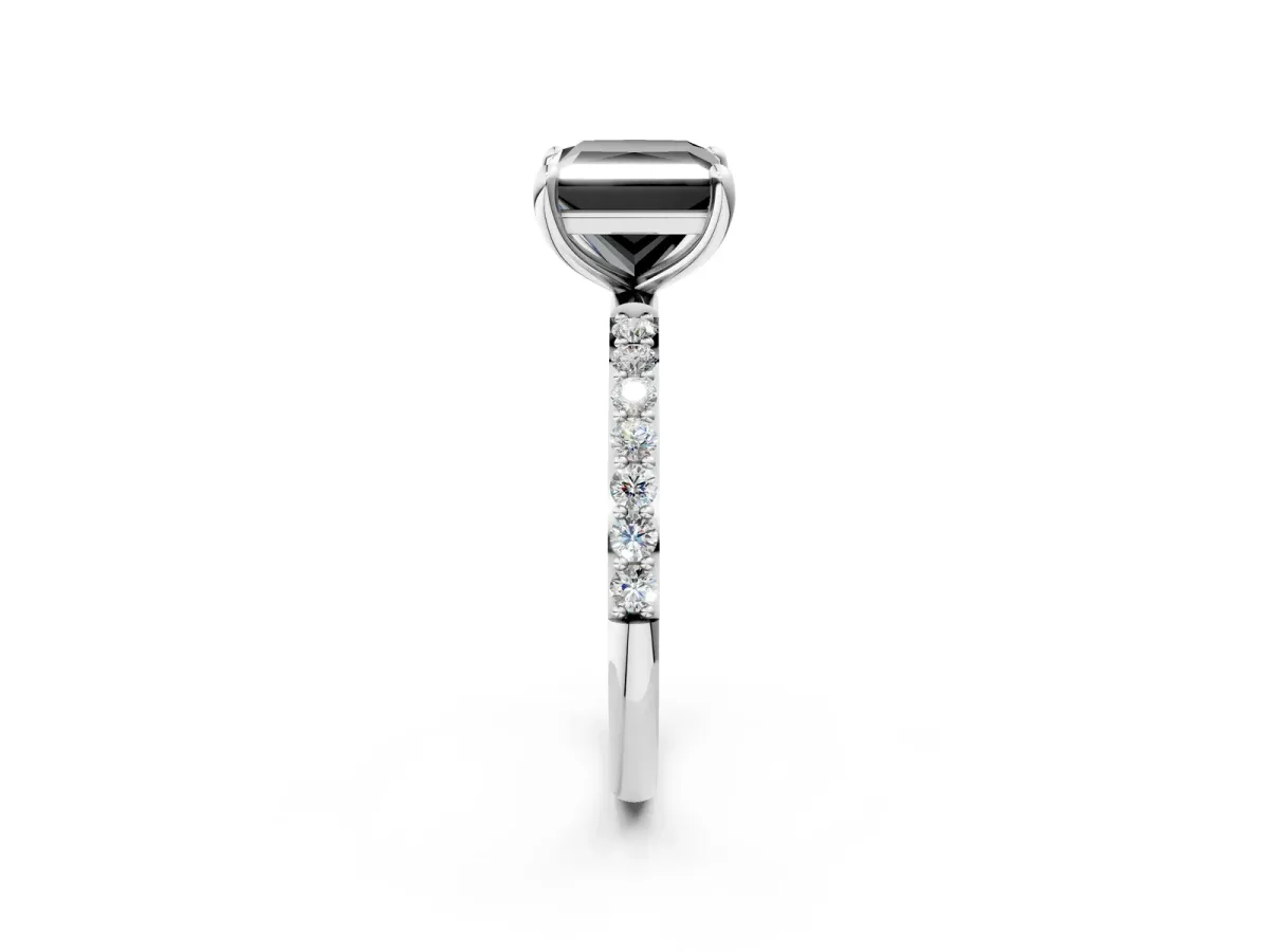 Fancy Black Princess Cut Diamond Solitaire Ring with Round Pavé Band and Prong Setting Silver