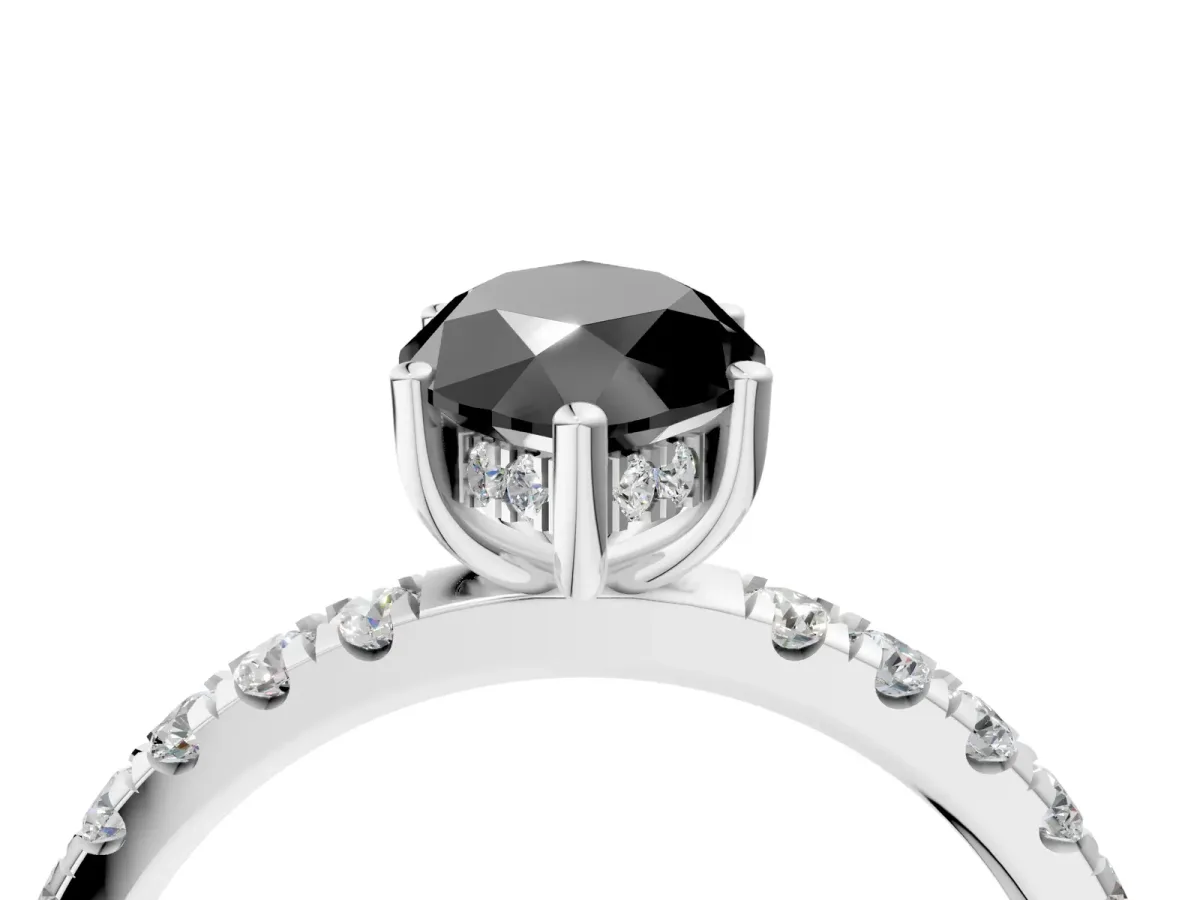 Fancy Black Marquise Cut Diamond Pave Band Solitaire Ring with Round and Prong Setting Silver