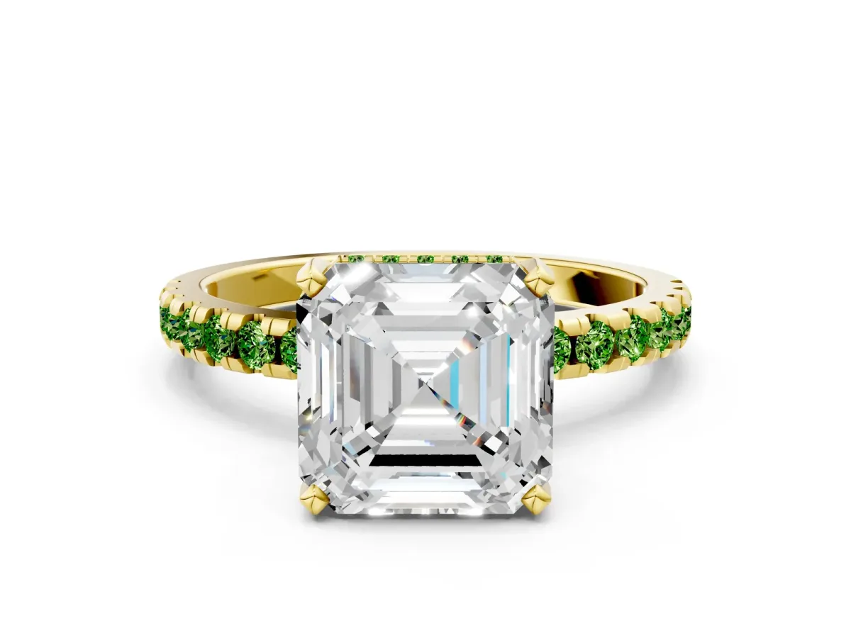Asscher Cut Diamond Solitaire Ring with Round Peridot Pavé Band and Four-Prong Setting Yellow gold