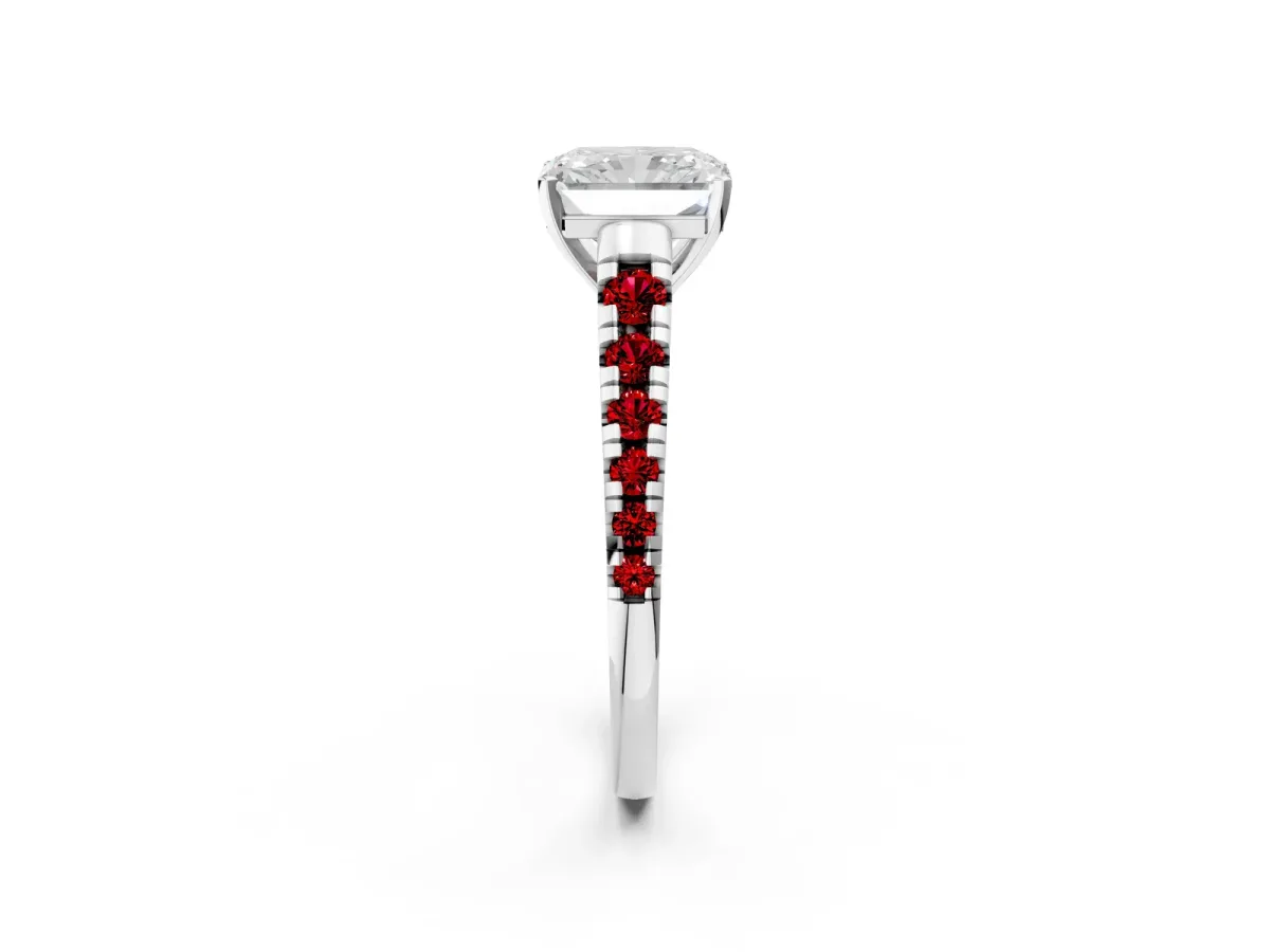 Radiant Cut Diamond Cathedral Solitaire Ring with Round Ruby Pavé Band Platinum