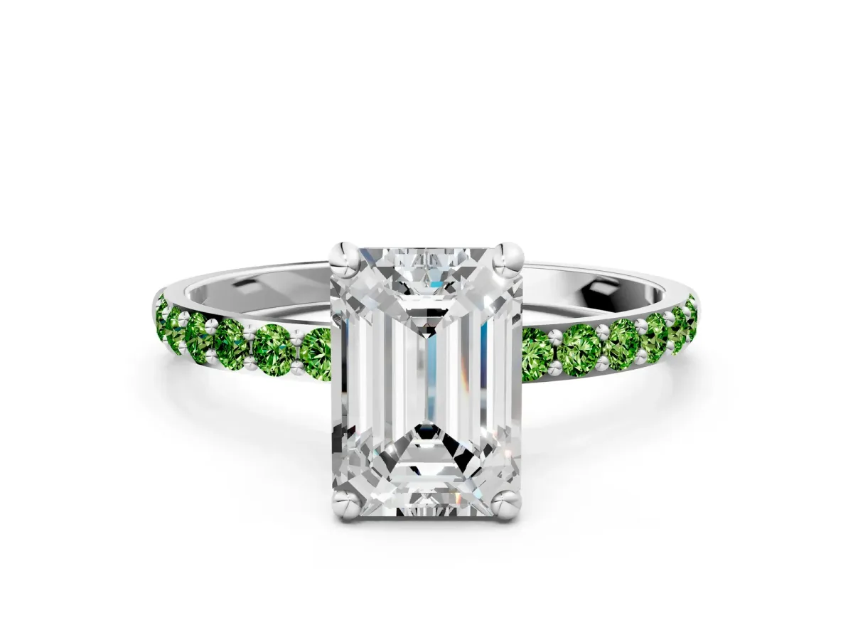 Emerald Cut Diamond Solitaire Ring with Round Peridot Pavé Band and Prong Setting White gold