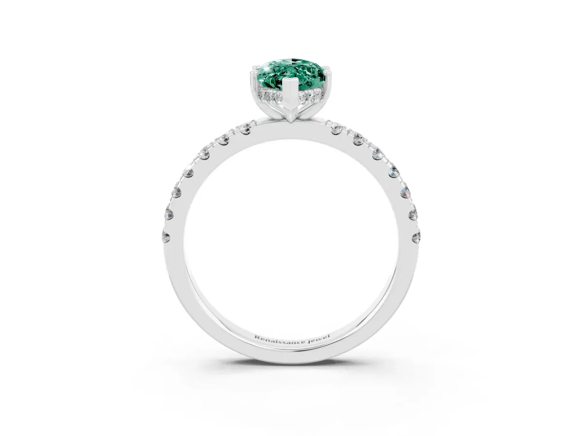 Marquise Cut Green Sapphire Pave Band Solitaire Ring with Round and Prong Setting Silver