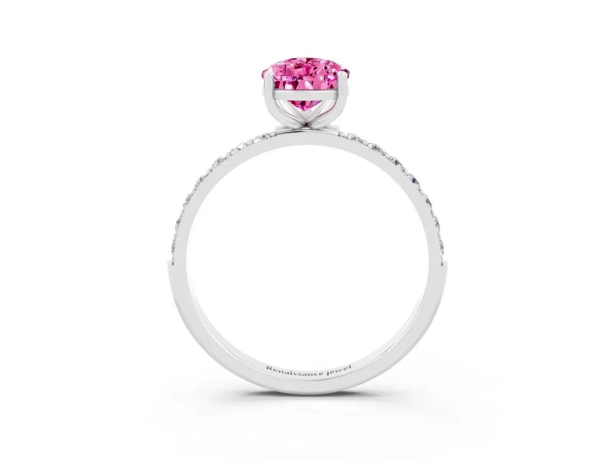 Pear Cut Pink Sapphire Solitaire Ring with Round Pavé Band and Prong Setting Silver