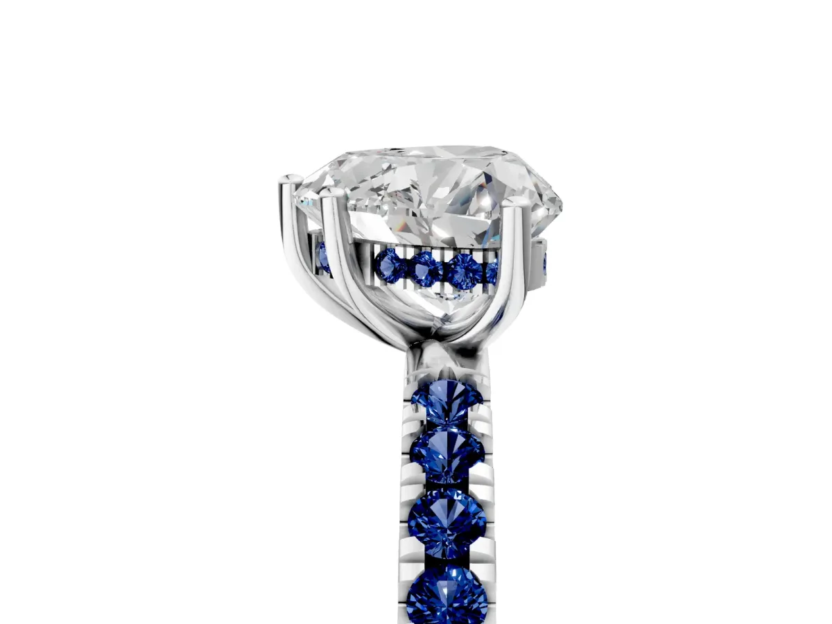 Heart Cut Diamond Pave Band Solitaire Ring with Round Blue Sapphire and Prong Setting Platinum