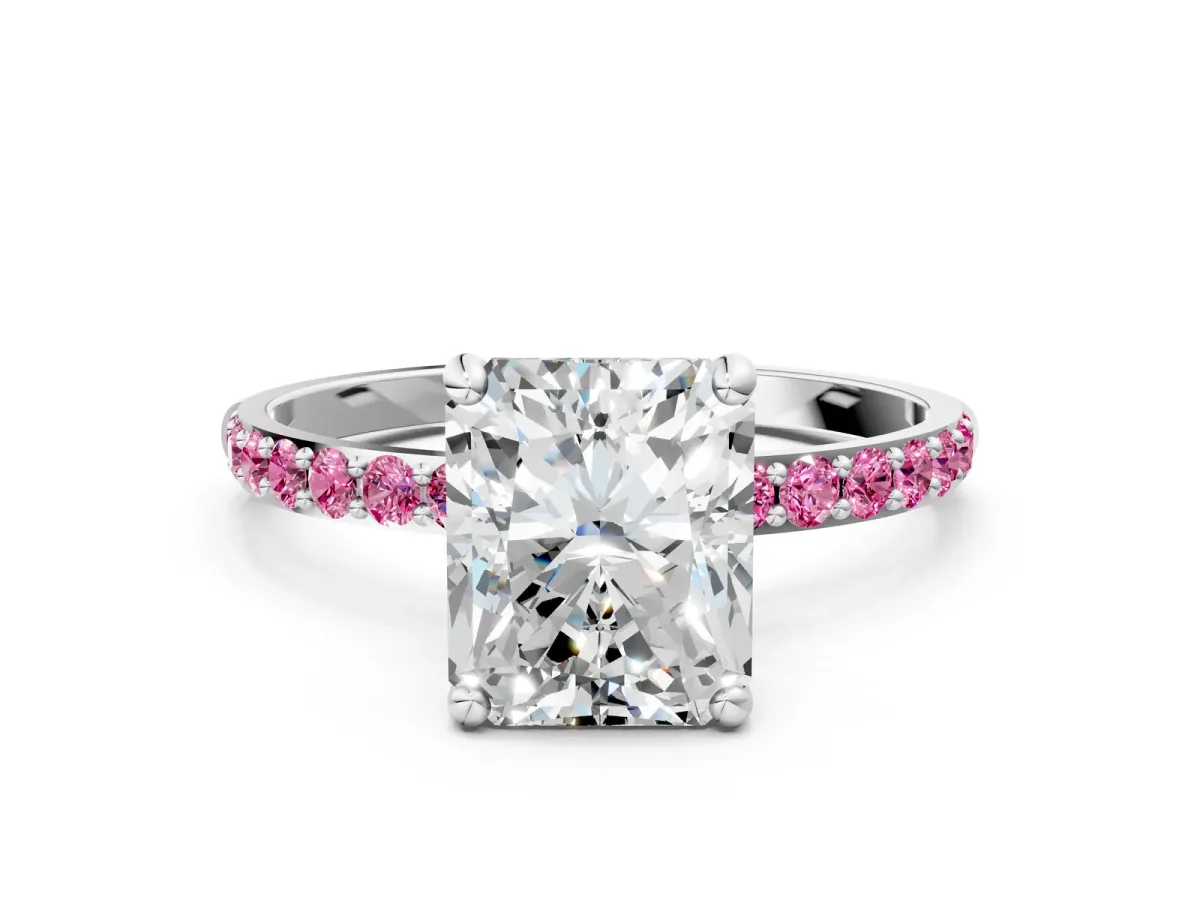 Radiant Cut Diamond Solitaire Ring with Round Pink Sapphire Pavé Band and Prong Setting Silver