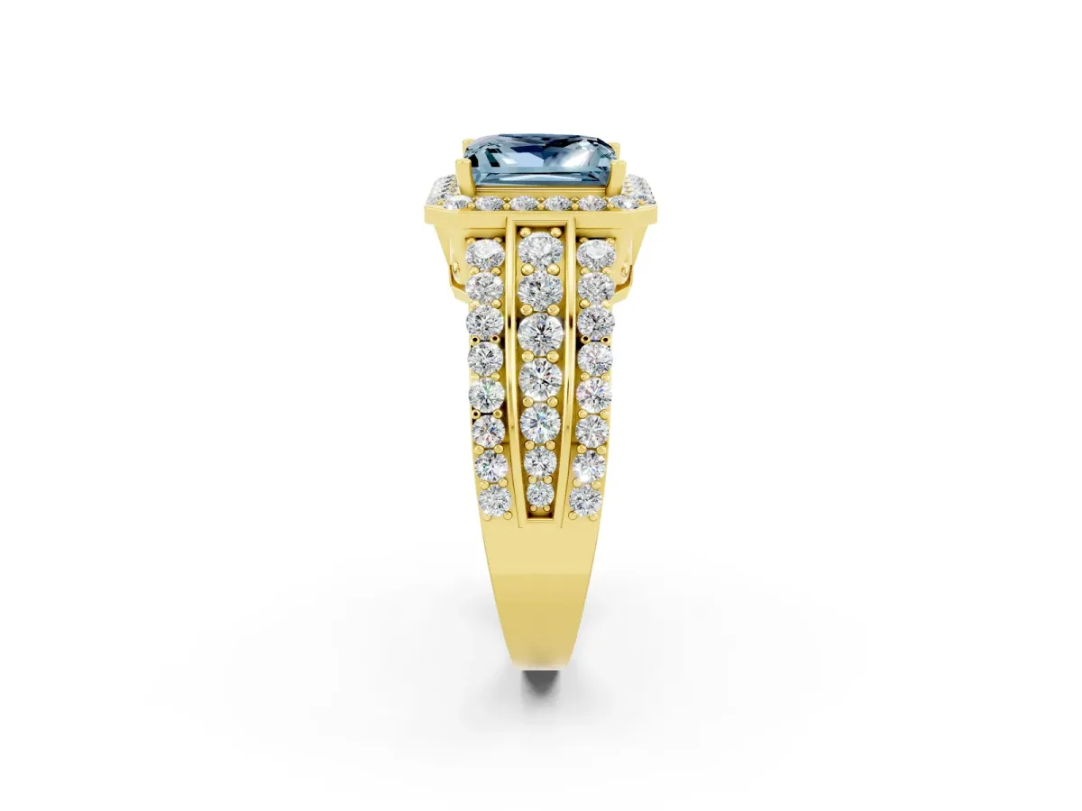 Princess Cut Halo Aquamarine Ring with Round Split Shank and Prong Setting Yellow gold
