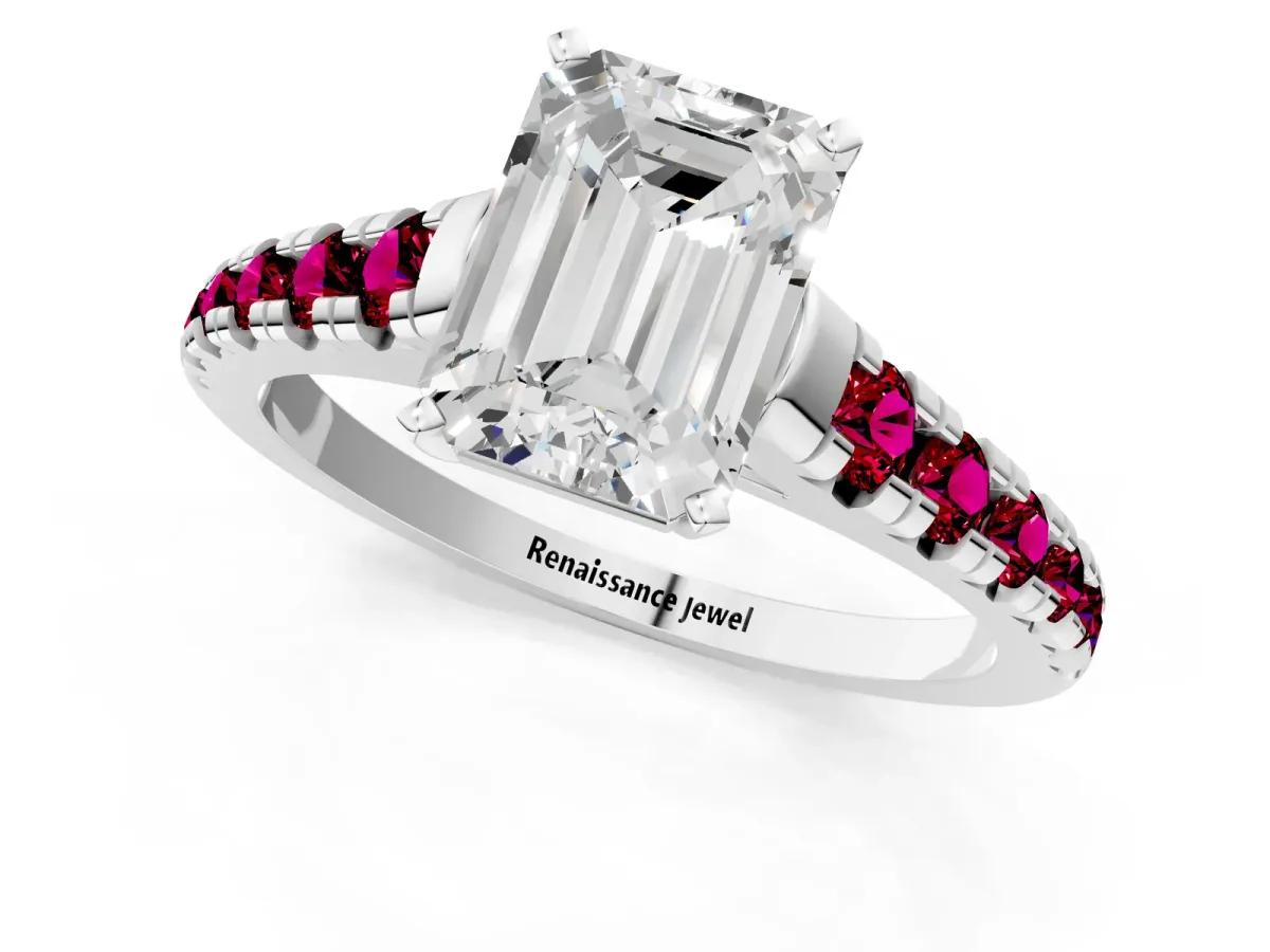 Emerald Cut Diamond Cathedral Solitaire Ring with Round Garnet Pavé Band Silver