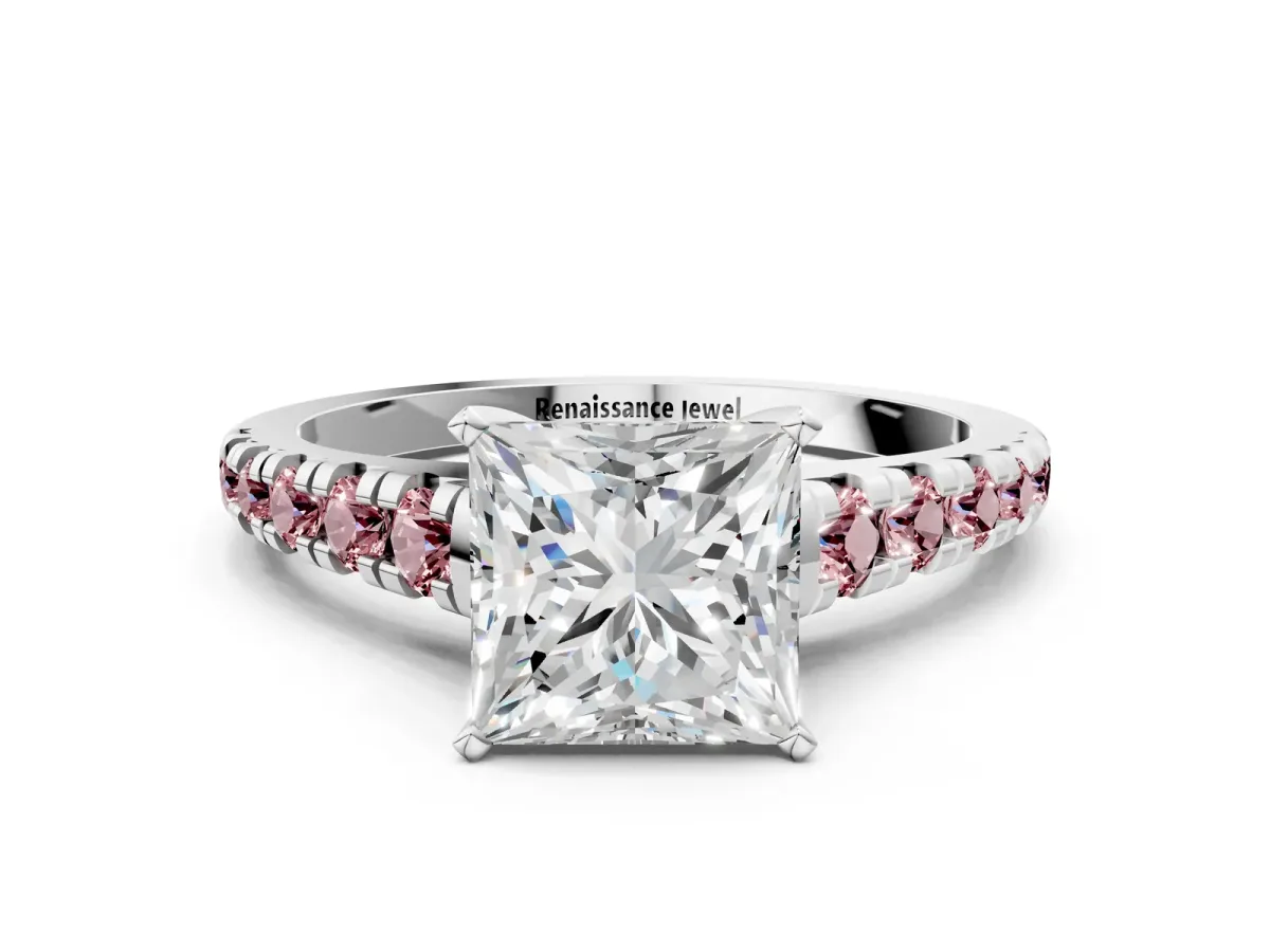 Princess Cut Diamond Cathedral Solitaire Ring with Round Morganite Pavé Band Platinum