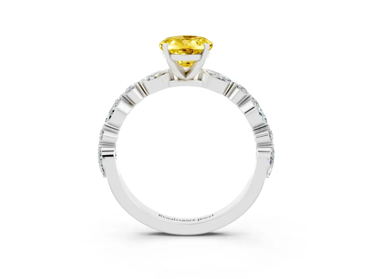 Oval Cut Yellow Sapphire Ring with Marquise and Round Side Stones and Four-Prong Setting Silver