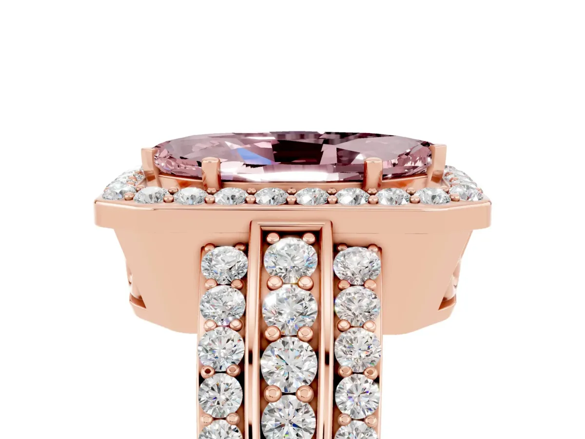 Marquise Cut Halo Morganite Ring with Round Split Shank and Prong Setting Rose gold