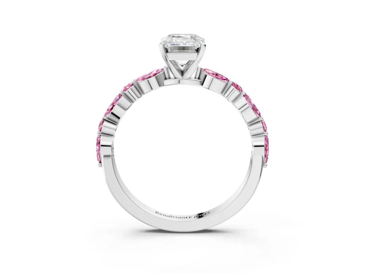 Emerald Cut Diamond Ring with Marquise and Round Pink Sapphire Side Stones and Four-Prong Setting Silver