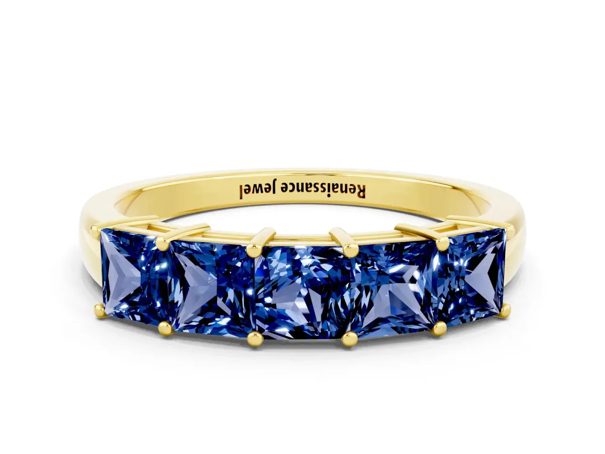 Princess Cut Five-Stone Blue Sapphire Band with Prong Setting Yellow gold