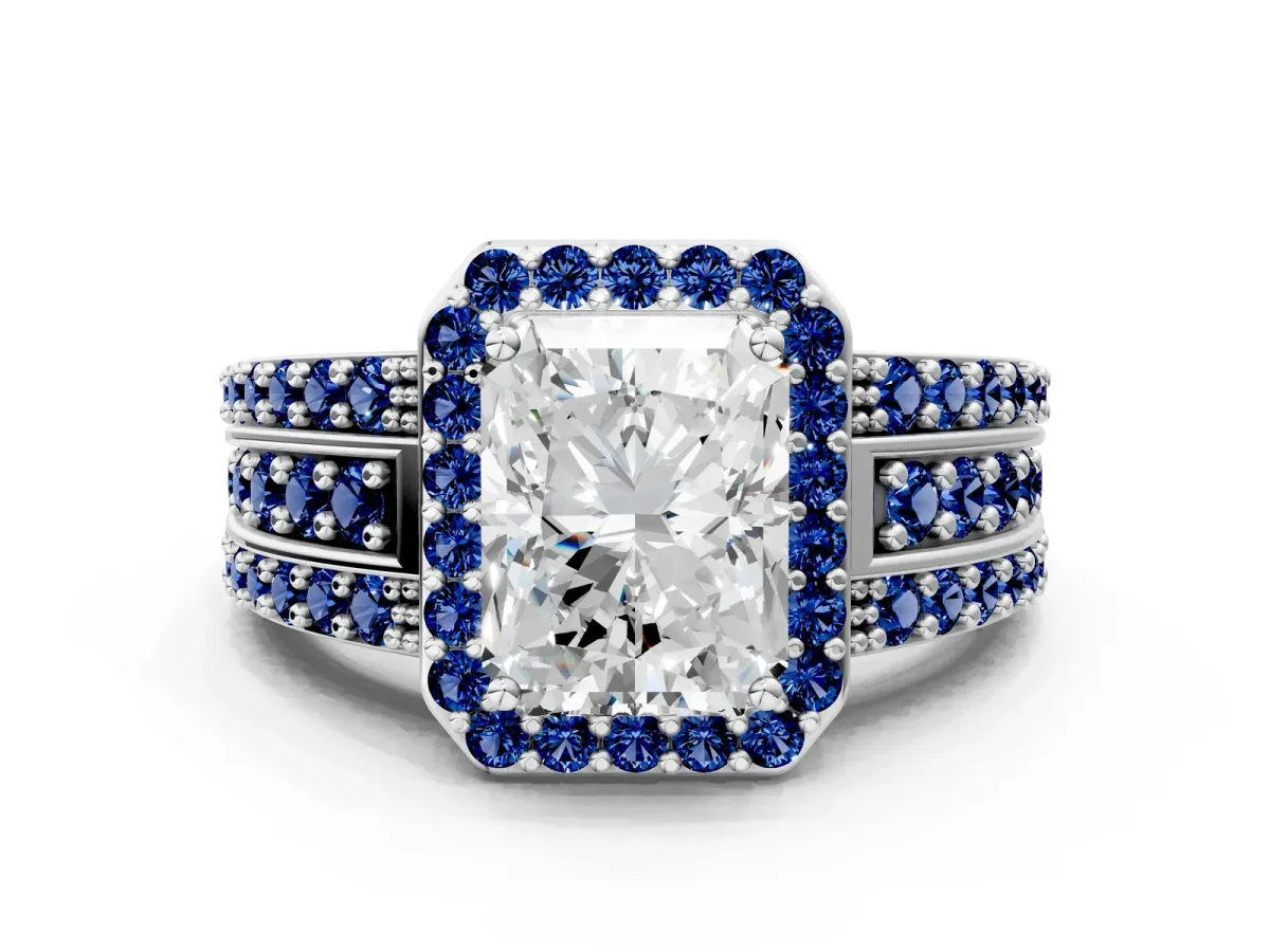 Radiant Cut Halo Diamond Ring with Round Blue Sapphire Split Shank and Prong Setting White gold