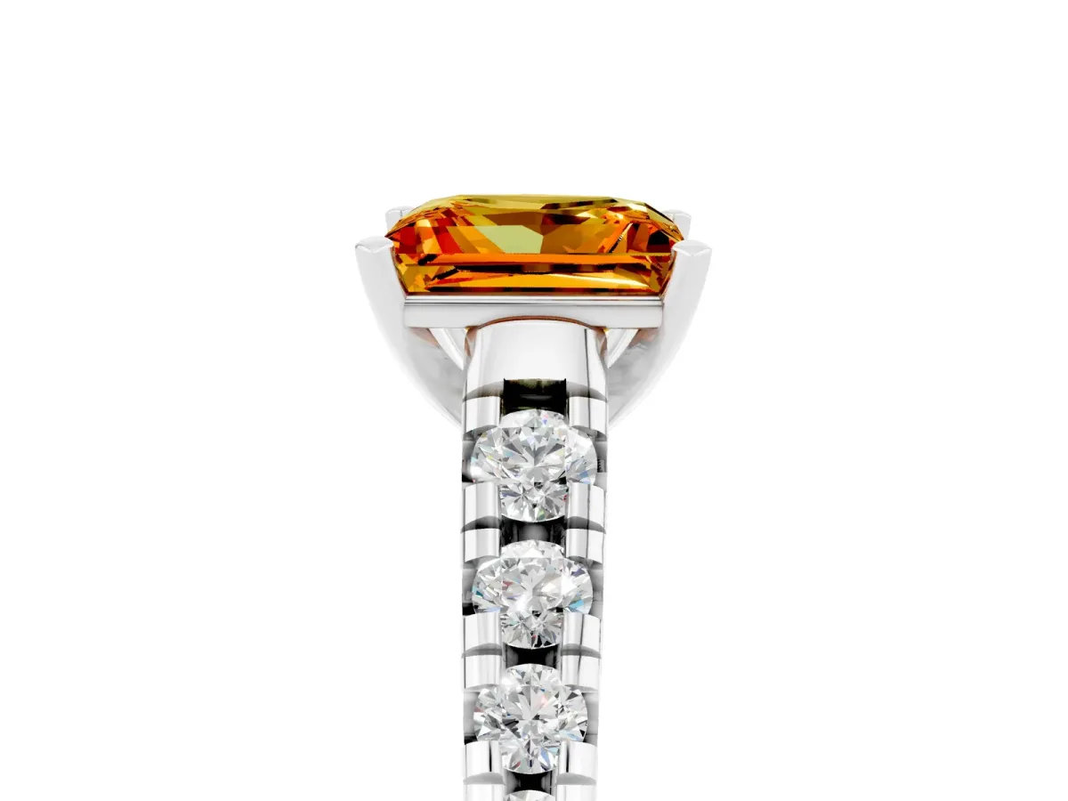 Princess Cut Citrine Cathedral Solitaire Ring with Round Pavé Band Silver