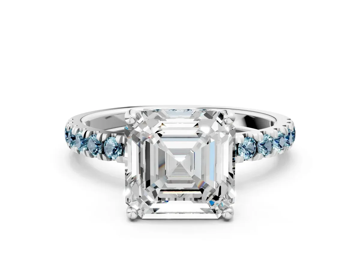 Asscher Cut Diamond Pave Band Solitaire Ring with Round Aquamarine and Prong Setting Platinum