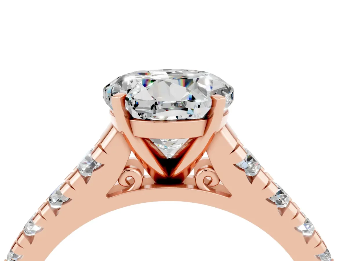 Round Cut Moissanite Cathedral Solitaire Ring with Round Pavé Band Rose gold