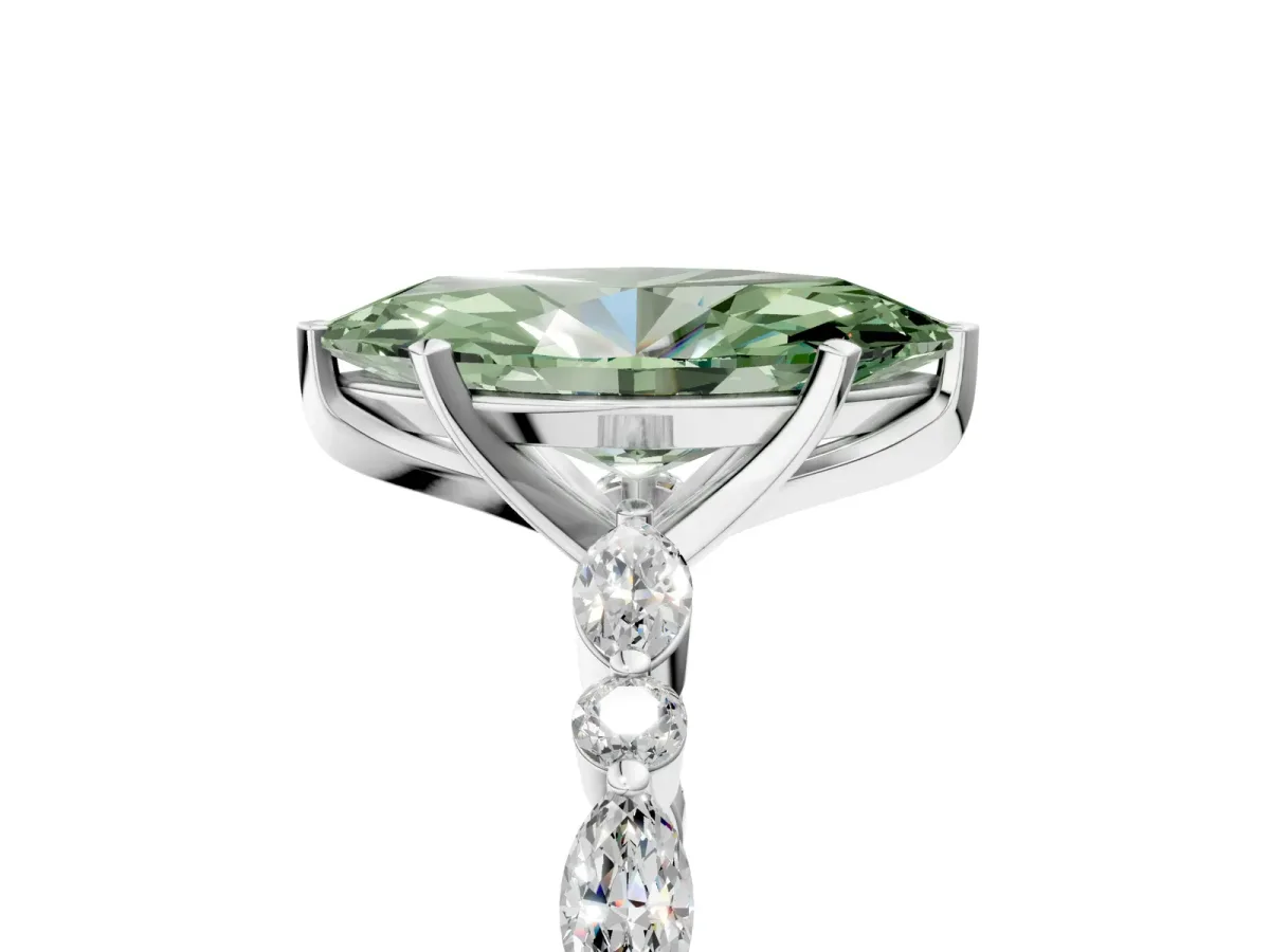 Fancy Green Marquise Cut Diamond Ring with Marquise and Round Side Stones and Four-Prong Setting Silver