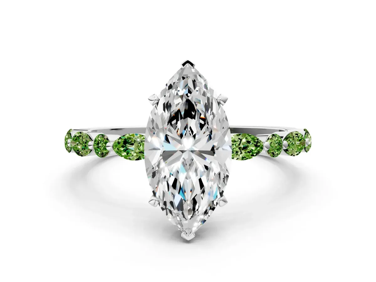 Marquise Cut Diamond Ring with Marquise and Round Peridot Side Stones and Four-Prong Setting Silver