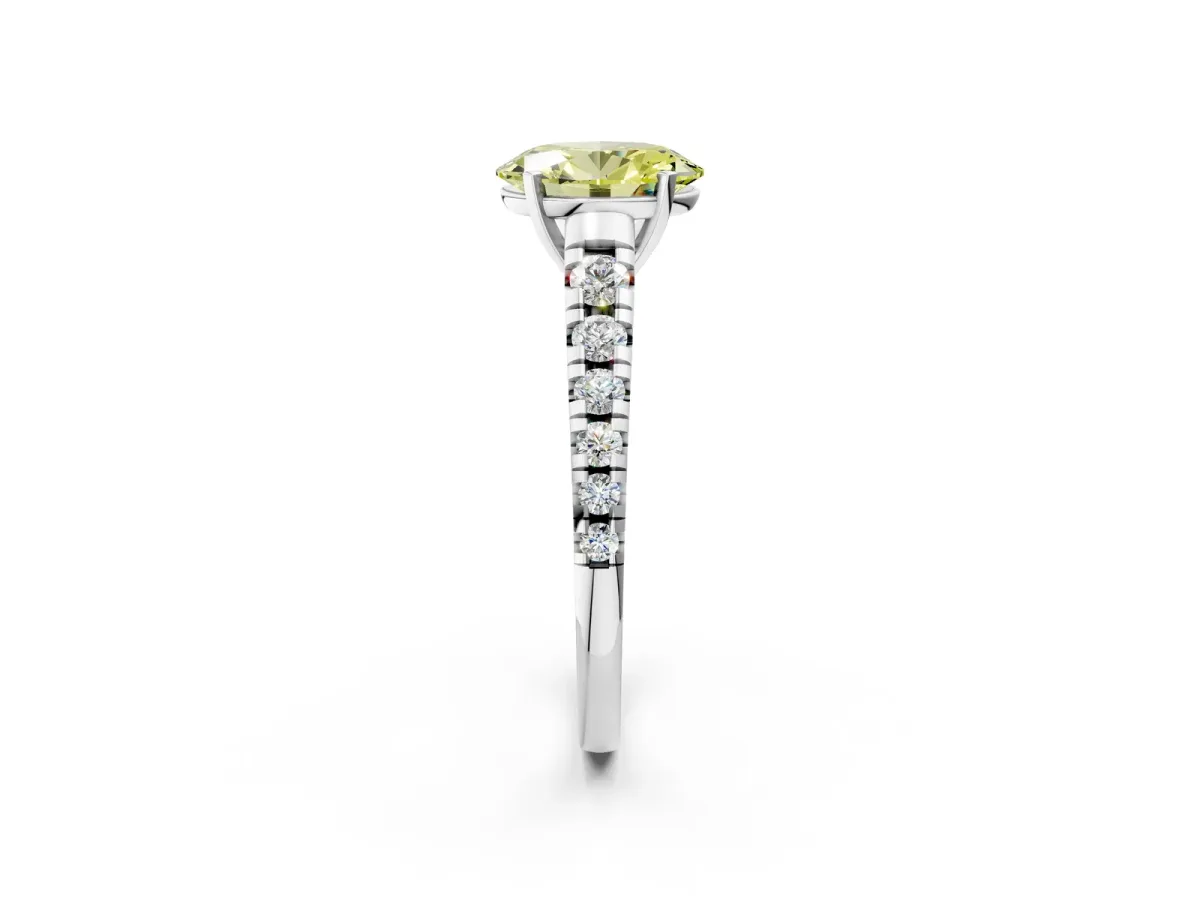 Fancy Yellow Oval Cut Diamond Cathedral Solitaire Ring with Round Pavé Band Silver