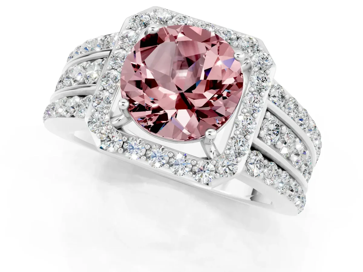 Round Cut Halo Morganite Ring with Round Split Shank and Prong Setting Silver