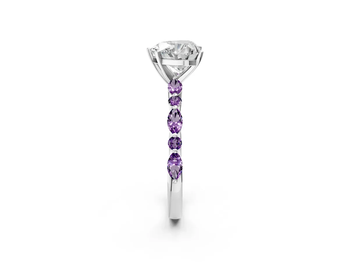 Heart Cut Diamond Ring with Marquise and Round Amethyst Side Stones and Four-Prong Setting Silver