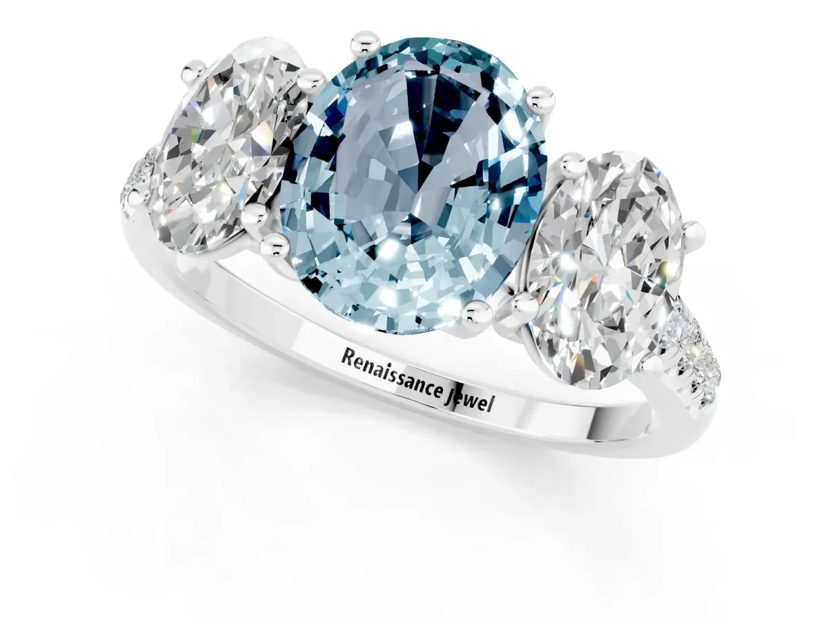 Three-Stone Oval Cut Aquamarine Ring with Round Pavé Band and Prong Setting Silver