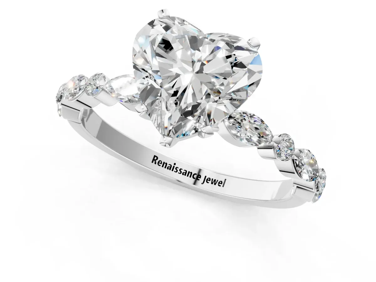 Heart Cut Diamond Ring with Marquise and Round Side Stones and Four-Prong Setting Platinum