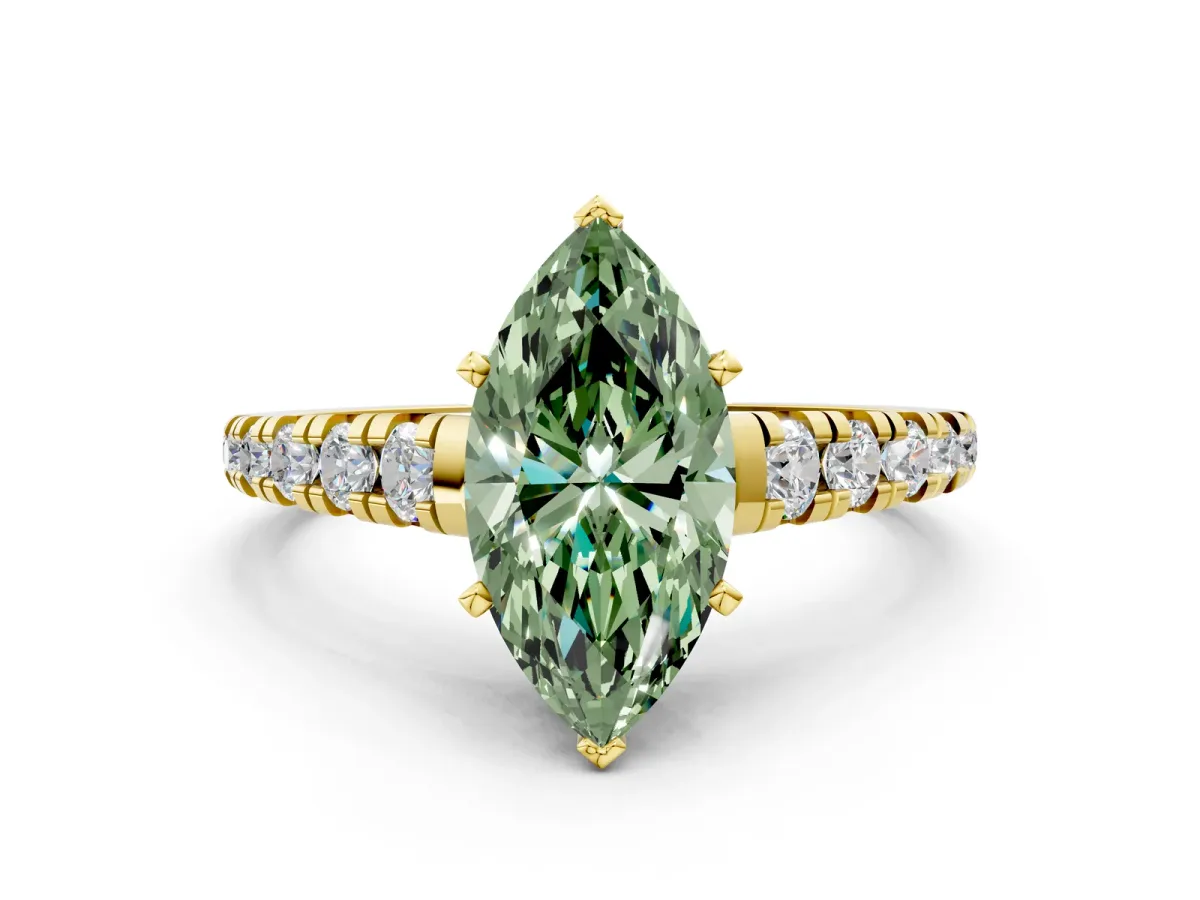 Fancy Green Marquise Cut Diamond Cathedral Solitaire Ring with Round Pavé Band Yellow gold