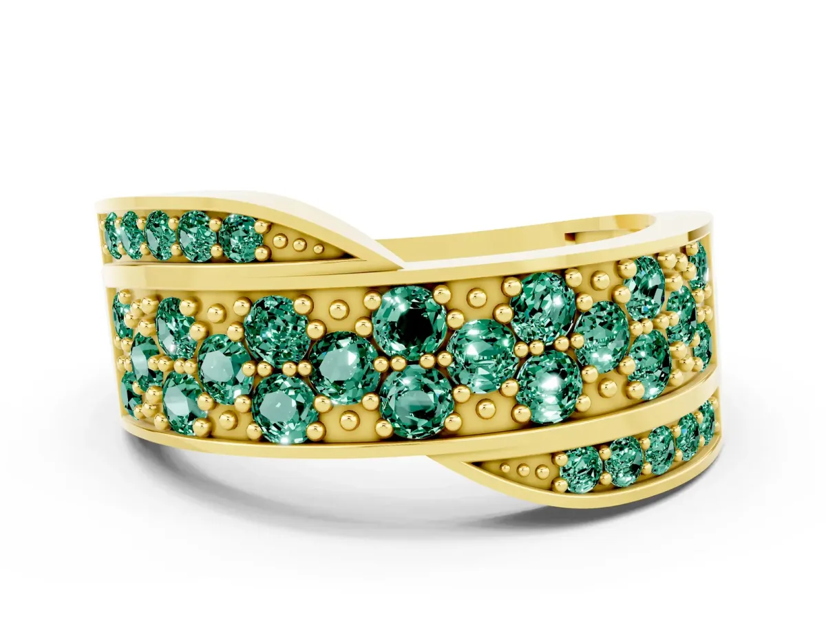 Pavé Round Green Sapphire Crossover Band with Bead Prong Setting Yellow gold