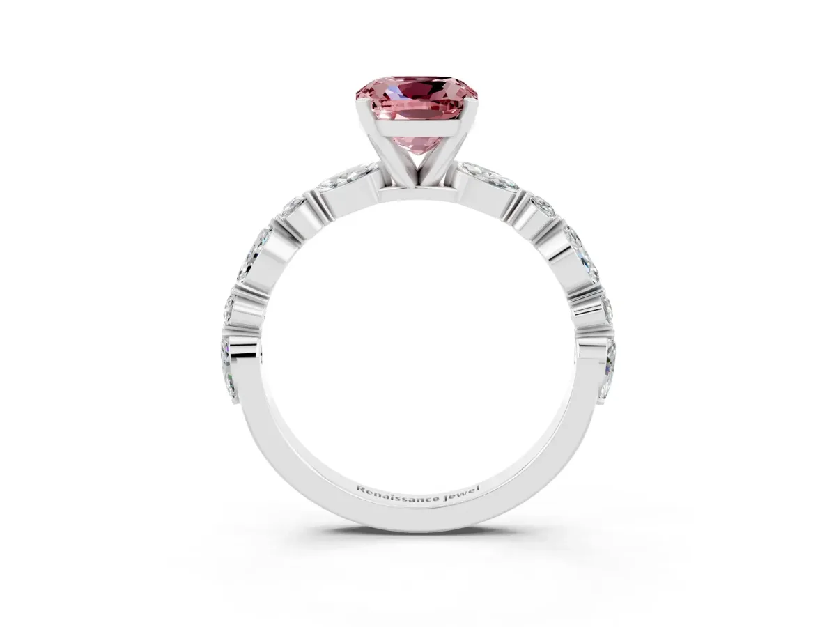 Cushion Cut Morganite Ring with Marquise and Round Side Stones and Four-Prong Setting Platinum