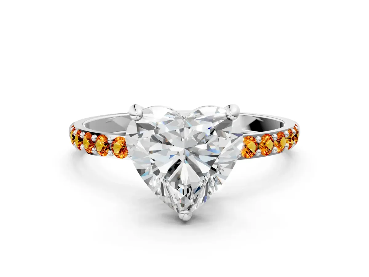 Heart Cut Diamond Solitaire Ring with Round Citrine Pavé Band and Prong Setting Silver