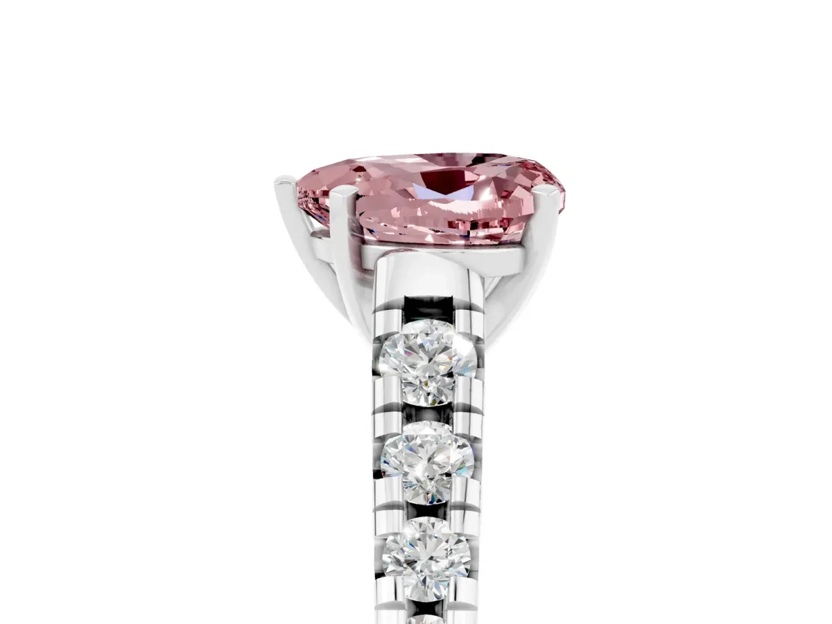 Heart Cut Morganite Cathedral Solitaire Ring with Round Pavé Band Silver