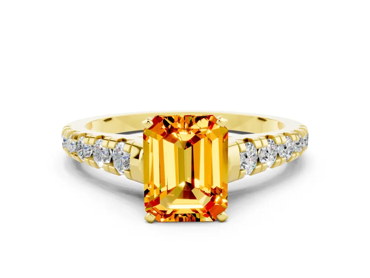 Emerald Cut Citrine Cathedral Solitaire Ring with Round Pavé Band Yellow gold